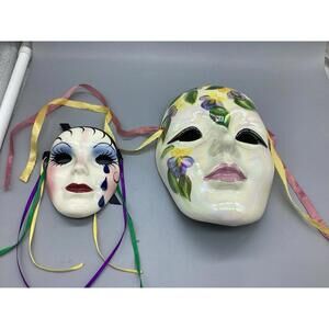 2 Venice Masquerade Faces Ceramic Hand Painted Mask Mardi Gras Wall Decor 7” 4”